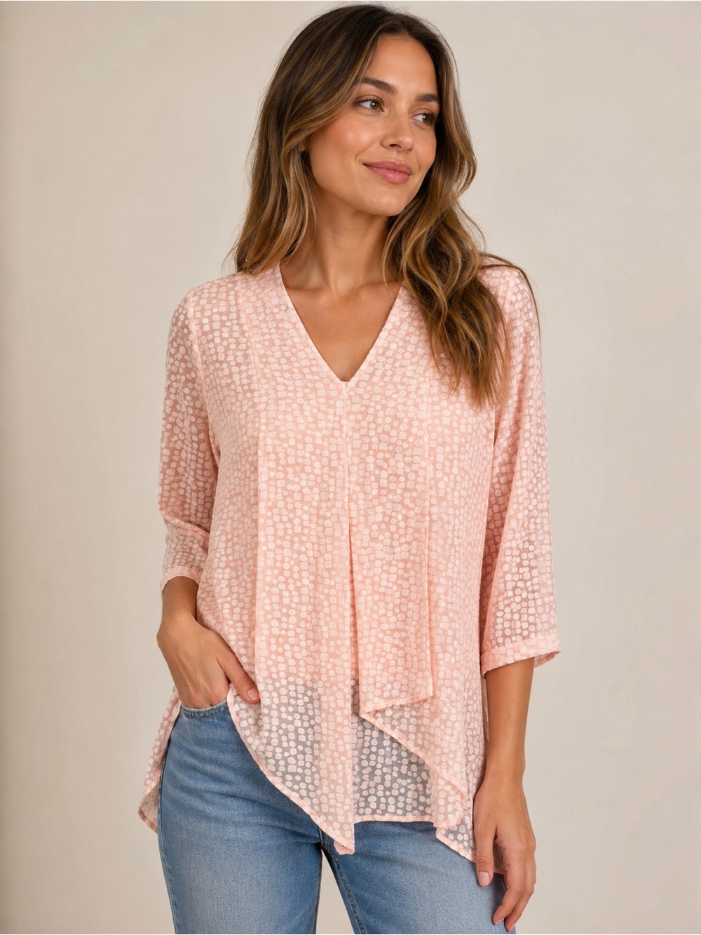 Tan Jay - Soft Pink V-Neck Textured Blouse -SzSP